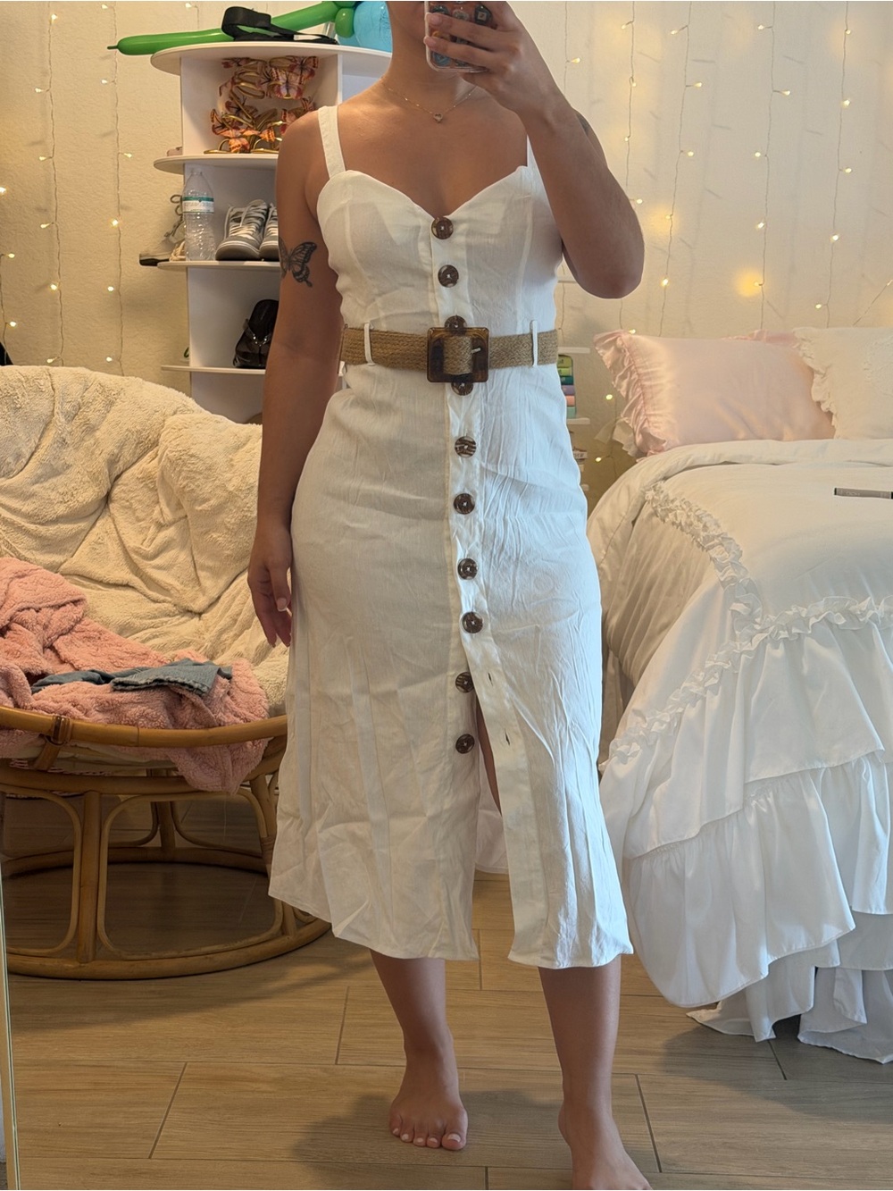 Forever 21 White Button-Front Midi Dress with Woven Belt - Picture 2 of 3